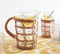 Handwoven Wicker and Glass Pitcher