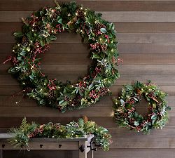 Lit Faux Pine &amp; Berries Wreath &amp; Garland