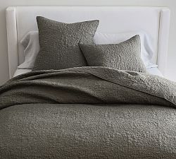 Open Box: Belgian Flax Linen Floral Stitch Quilt, Full/Queen - Heathered Charcoal