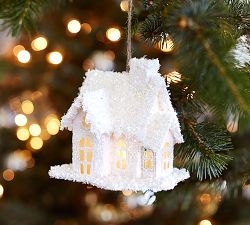 Lit Glitter House Ornament - White