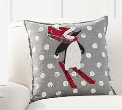Skiing Penguin Applique Pillow Cover