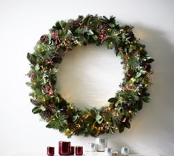 Lit Faux Pine &amp; Berries Wreath &amp; Garland