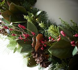 Lit Faux Pine &amp; Berries Wreath &amp; Garland