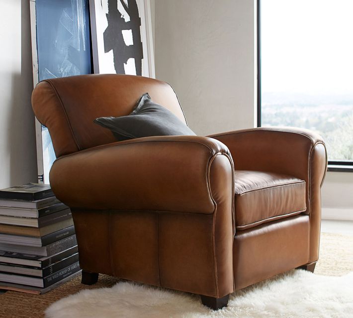 Manhattan Leather Armchair and Ottoman Set with Nailheads, Polyester Wrapped Cushions, Legacy Dark Caramel