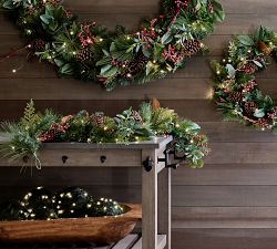 Lit Faux Pine &amp; Berries Wreath &amp; Garland
