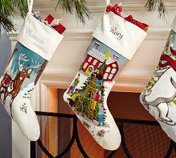 Whimsical Crewel Embroidered Stocking - Tree Trimming