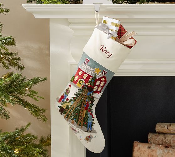 Whimsical Crewel Embroidered Stocking - Tree Trimming