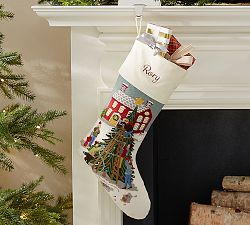 Whimsical Crewel Embroidered Stocking - Tree Trimming