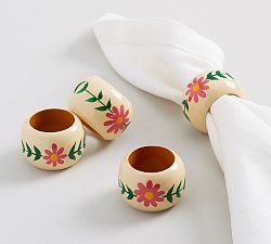 Painted Floral Mango Wood Napkin Rings, Set of 4