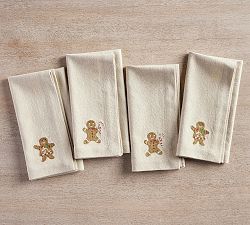 Gingerbread Embroidered Cotton Napkins - Set of 4