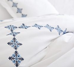 Tile Embroidered Organic Percale Duvet Cover