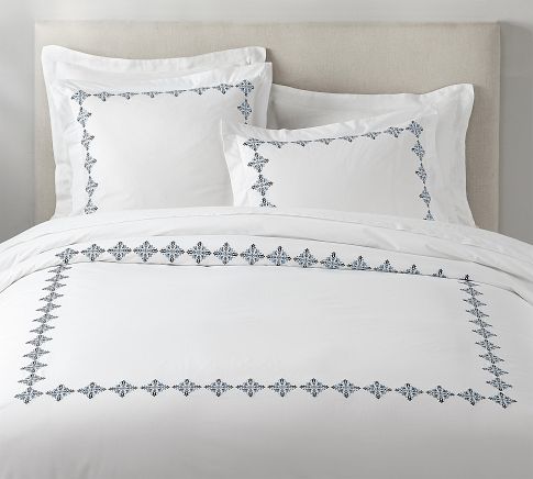 Tile Embroidered Organic Percale Duvet Cover