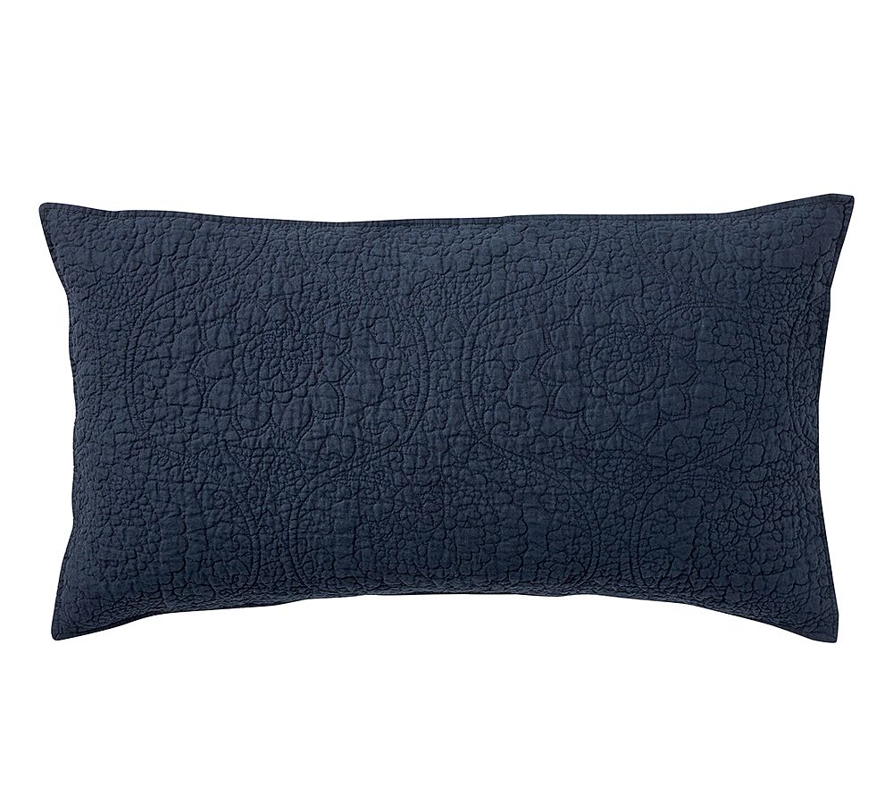 Belgian Flax Linen Floral Stitch Quilted Sham, King Set of 2, Midnight