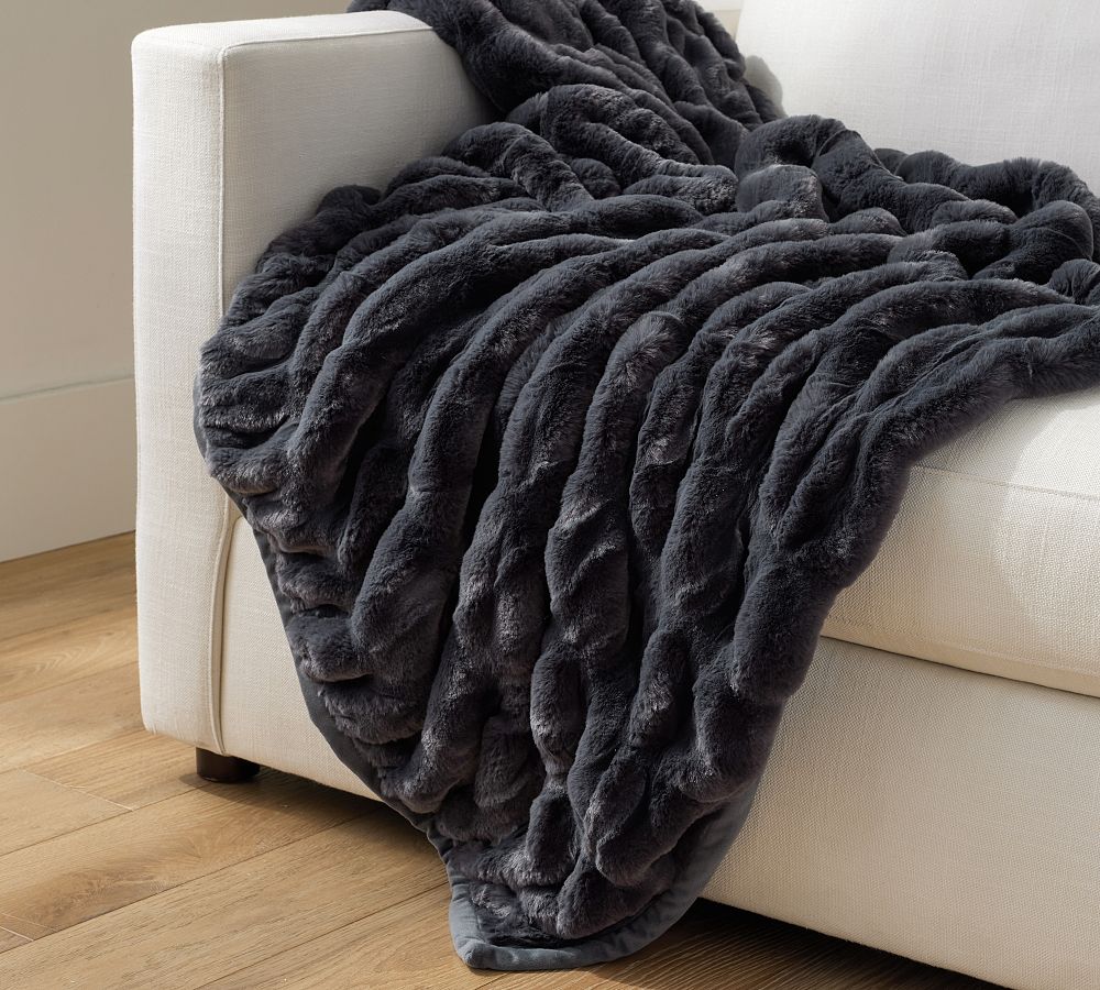 Faux Fur Ruched Throw - Steel Blue, 50" x 60"
