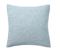 Open Box: Belgian Flax Linen Floral Stitch Quilted Sham, Chambray, Euro, Set of 2