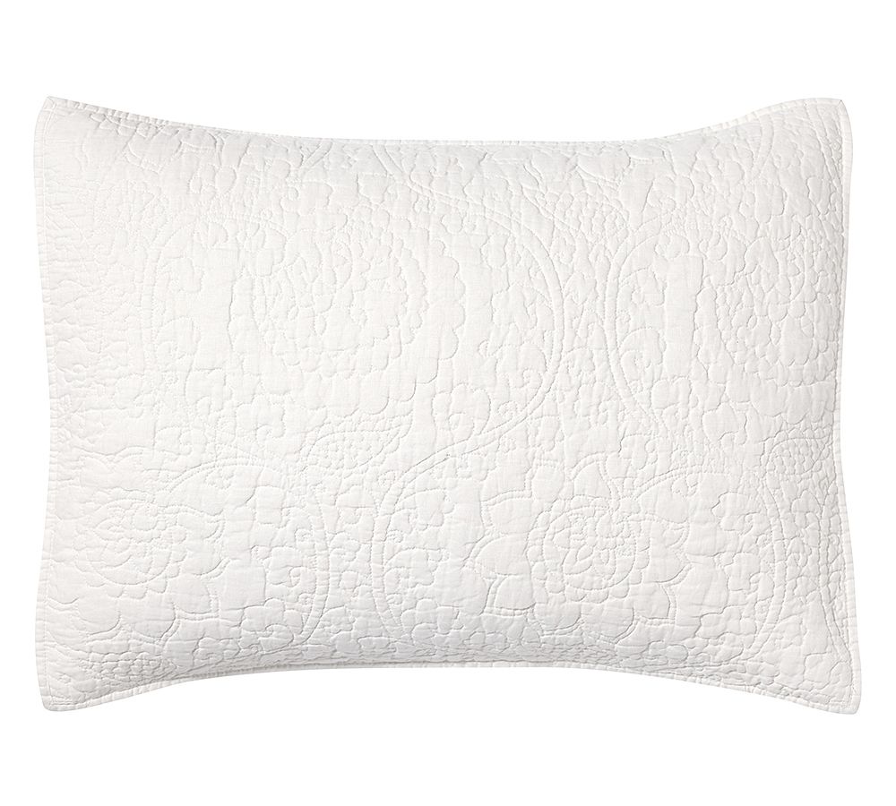 Belgian Flax Linen Floral Stitch Quilted Sham - White, Standard, Set of 2