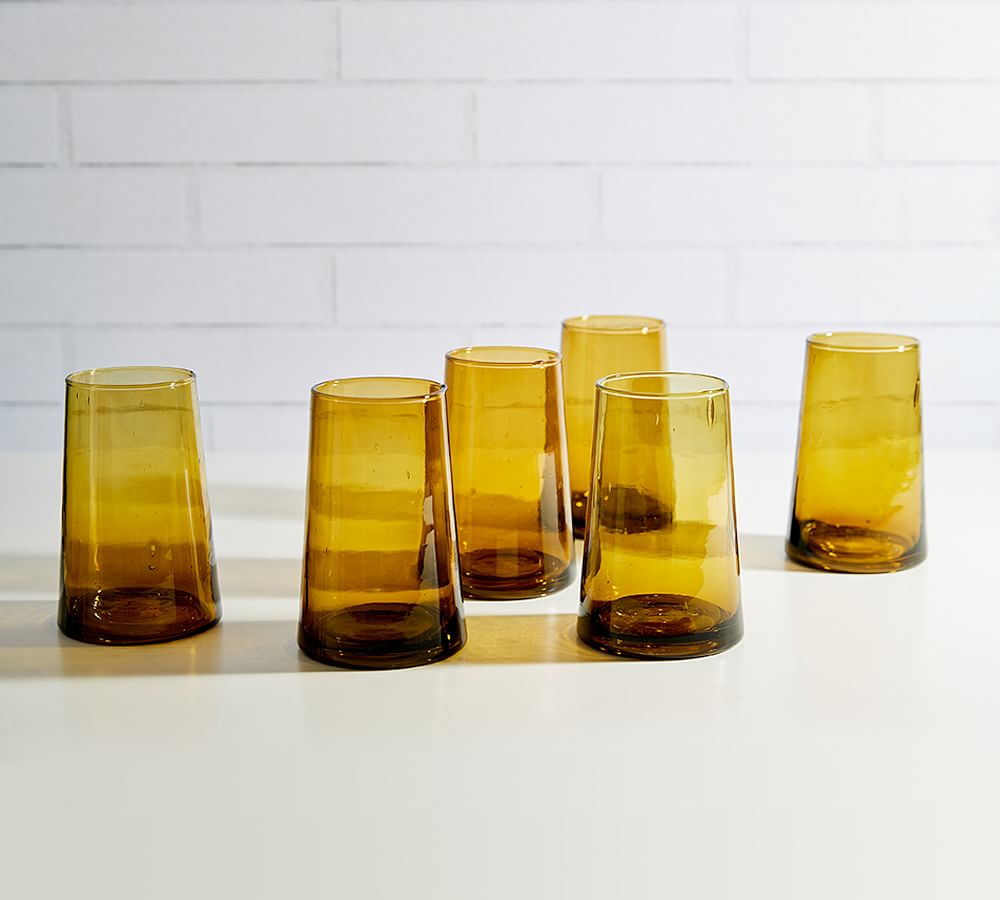 Moroccan Handcrafted Recycled Tumblers - Set of 6 - 12 Oz, Set of 6, Amber