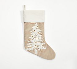 Open Box: Embellished Velvet Stocking, Medium, Tree - Neutral/Ivory