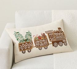Gingerbread Train Embroidered Lumbar Pillow Cover