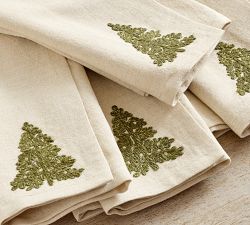 Rustic Tree Embroidered Cotton/Linen Napkins - Set of 4