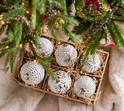 White and Silver Glass Ball Ornaments - Set of 6