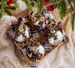 Mercury Glass Ball Ornaments with Plaid Bows - Set of 4