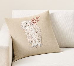 Owl with Berries Embroidered Pillow