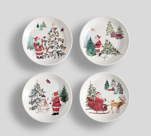 Christmas in the Country Santa Stoneware Salad Plates - Mixed Set of 4