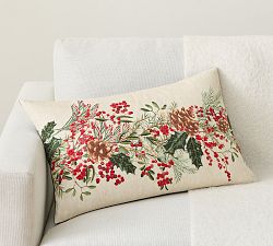 Open Box: Holly Berry Embroidered Lumbar Pillow Cover, 16" x 26" - Flax Multi