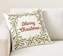 Merry Christmas Wreath Embroidered Pillow