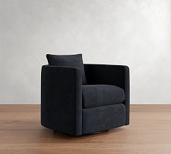 Open Box: Ayden Barrel Leather Swivel Armchair, 32", Keystone - Navy