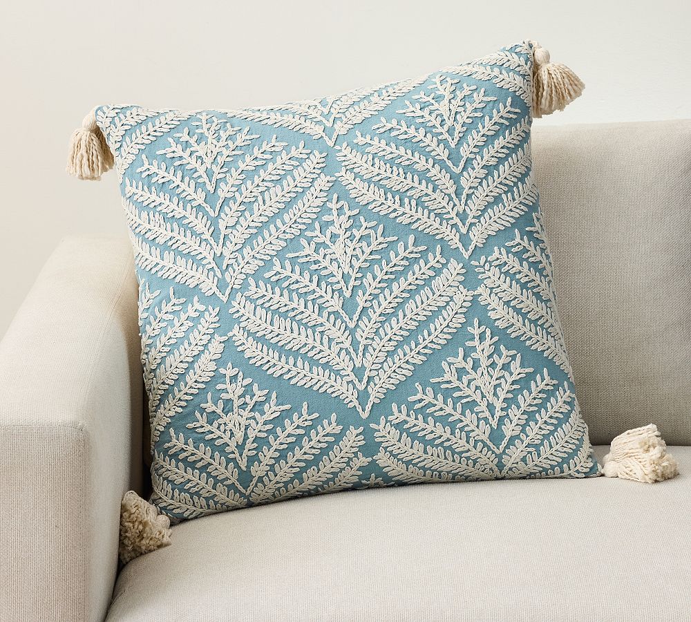 Fern Embroidered Tassel Pillow Cover - Blue, 22"