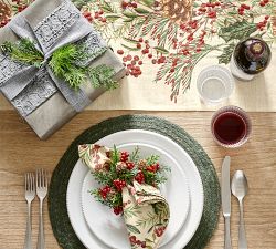 Holly Berry Embroidered Cotton/Linen Table Runner