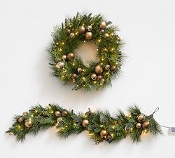 Faux Lit Metallic Ornament Pine Wreath &amp; Garland
