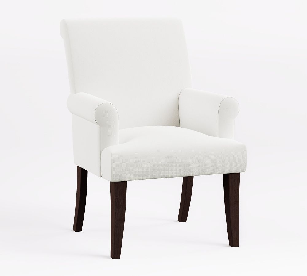 PB Comfort Roll Arm Upholstered Dining Armchair, Espresso Legs, Twill White