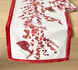 Cardinal &amp; Berries Embroidered Cotton Table Runner