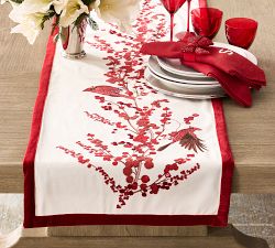 Cardinal &amp; Berries Embroidered Cotton Table Runner