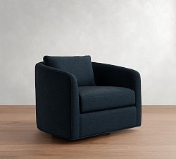 Open Box: Remmy Upholstered Swivel Armchair, 39", Performance Heathered Basketweave - Navy