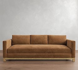 Open Box: Jake Leather Seadrift Wood Base Grand Sofa (96"W, 36"D), 3X1 - Gravel Walnut, Seadrift
