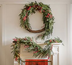Faux Lit Red Berry Avant-Garde Wreath &amp; Garland