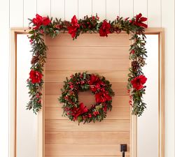 Lit Faux Amaryllis Twiggy Holiday Wreath &amp; Garland