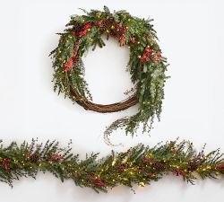 Faux Lit Red Berry Avant-Garde Wreath &amp; Garland