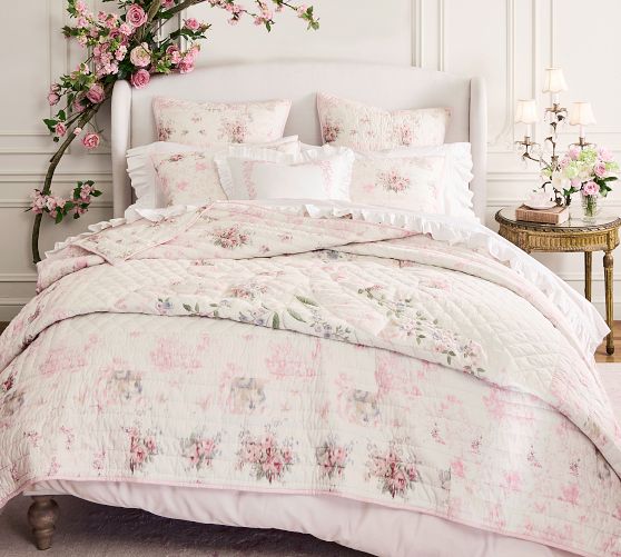 LoveShackFancy Floral Bow Patchwork Embroidered Quilt by Pottery Barn