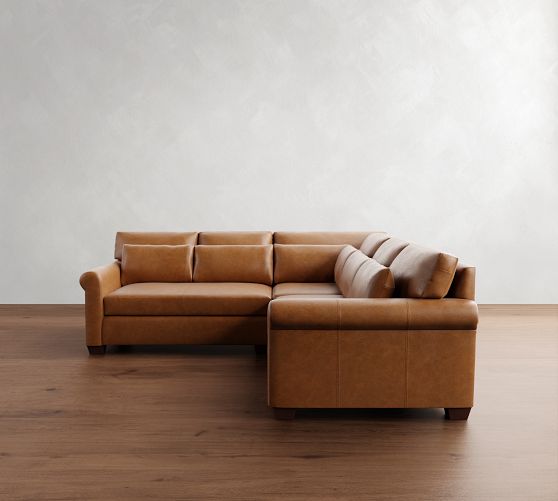 York Roll Arm Deep Seat Leather 3-Piece L-Shaped Sectional (102") by Pottery Barn
