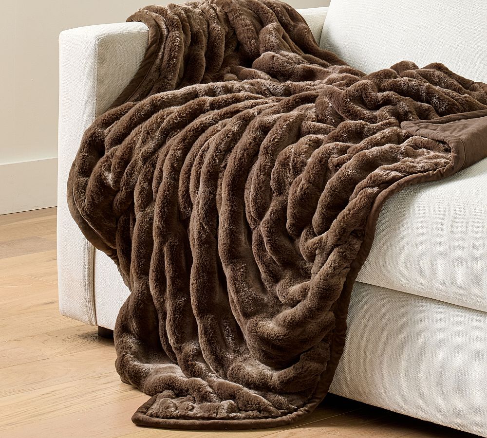 Faux Fur Ruched Throw - Mocha, 60" x 80"