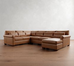 York Roll Arm Deep Seat Leather 4-Piece Chaise Sectional (127")