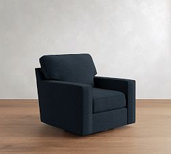 Open Box: Buchanan Square Arm Upholstered Swivel Armchair, Polyester Wrapped Cushions, Performance Heathered Basketweave Navy