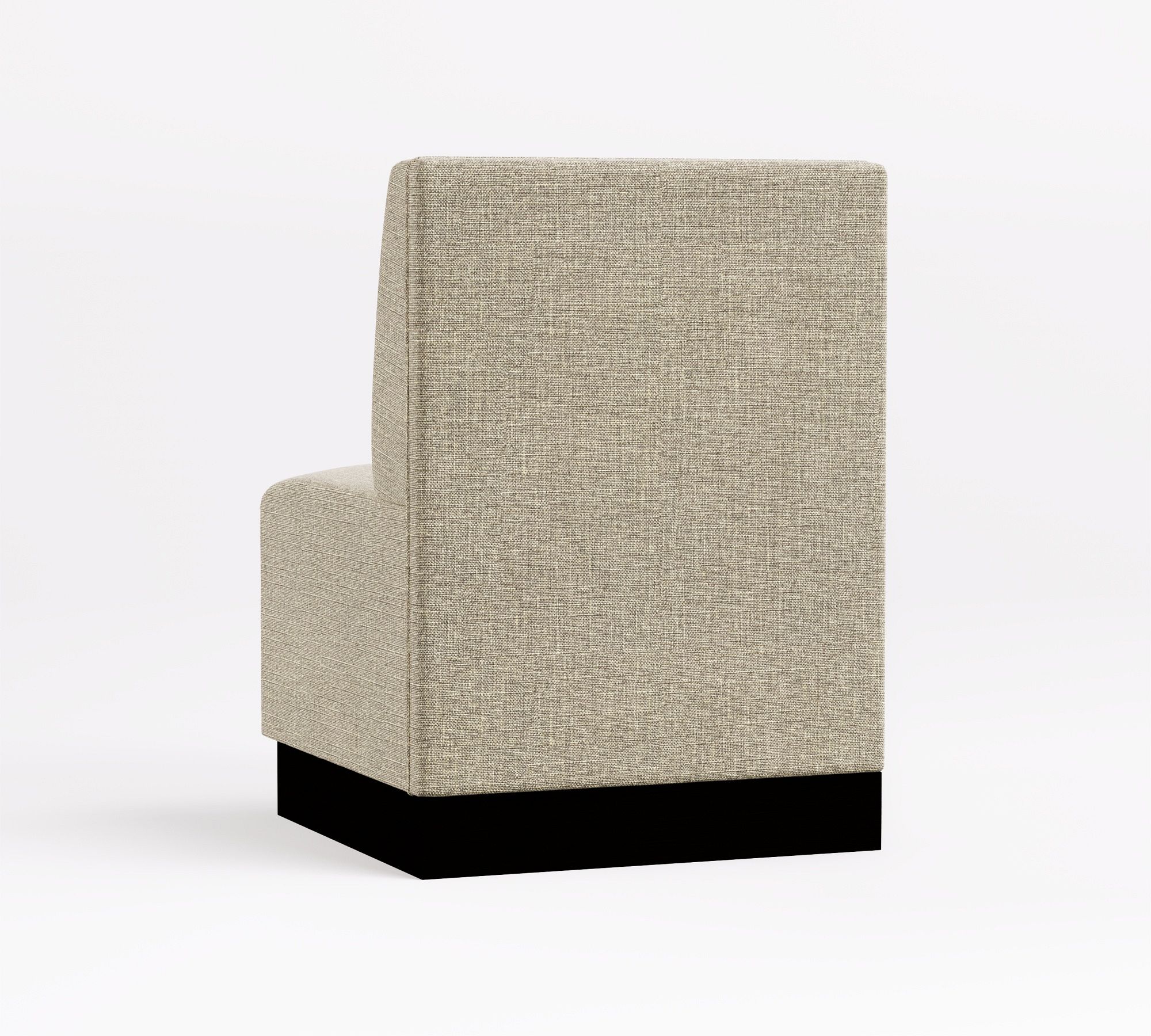 left rear view of beige upholstered banquette