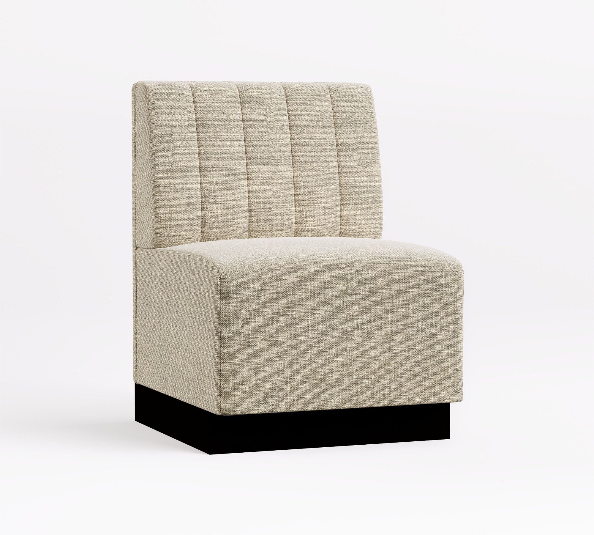 side view of beige upholstered chair with black base