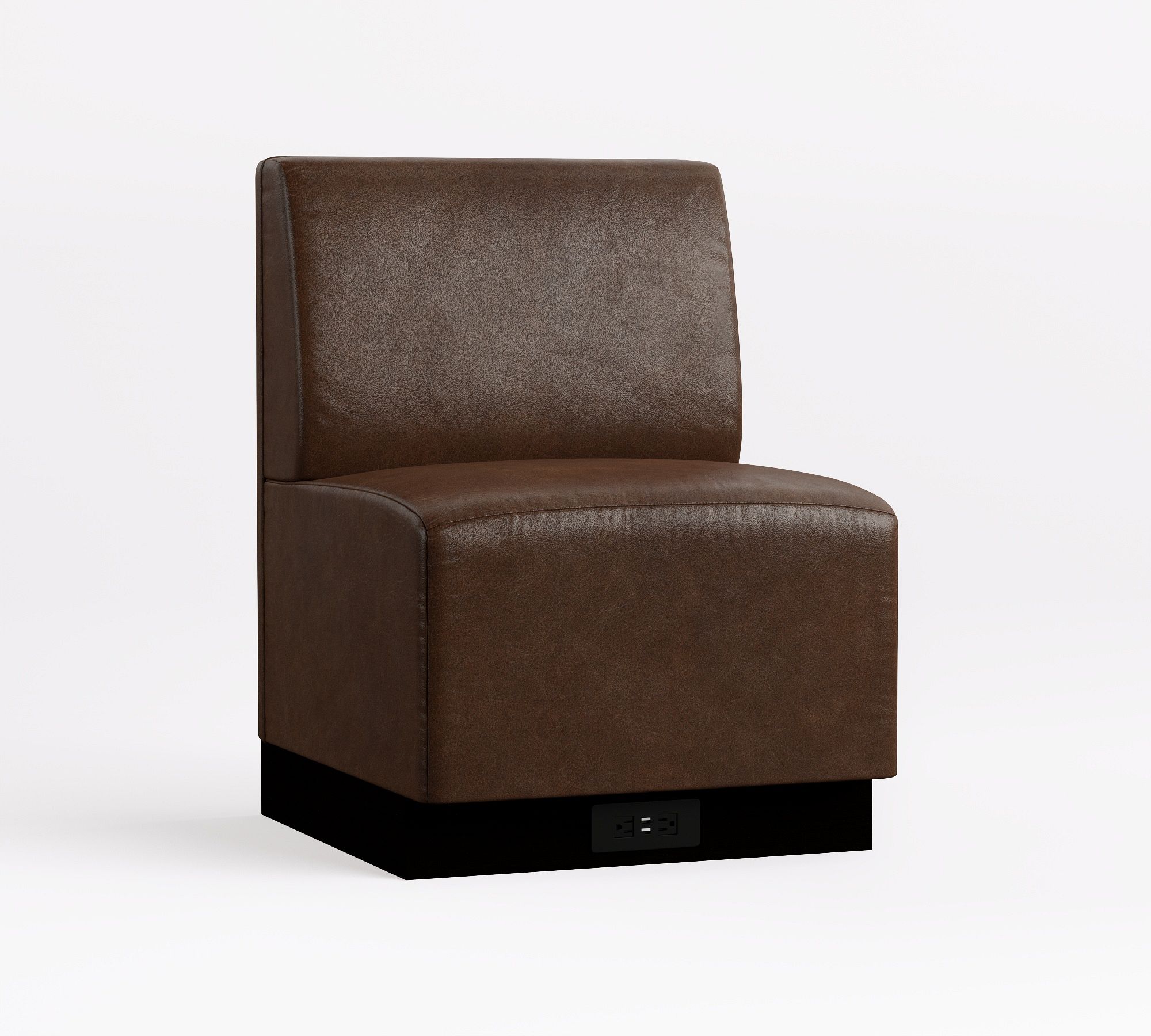 Brown leather chair with electrical outlet on base
